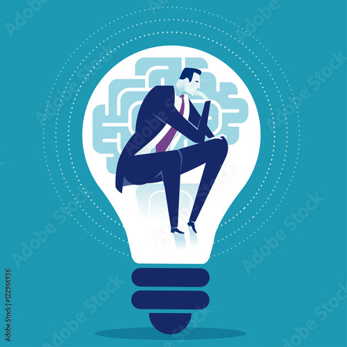 Creativity. Thinking manager sitting in the light bulb. Business concept vector illustration.