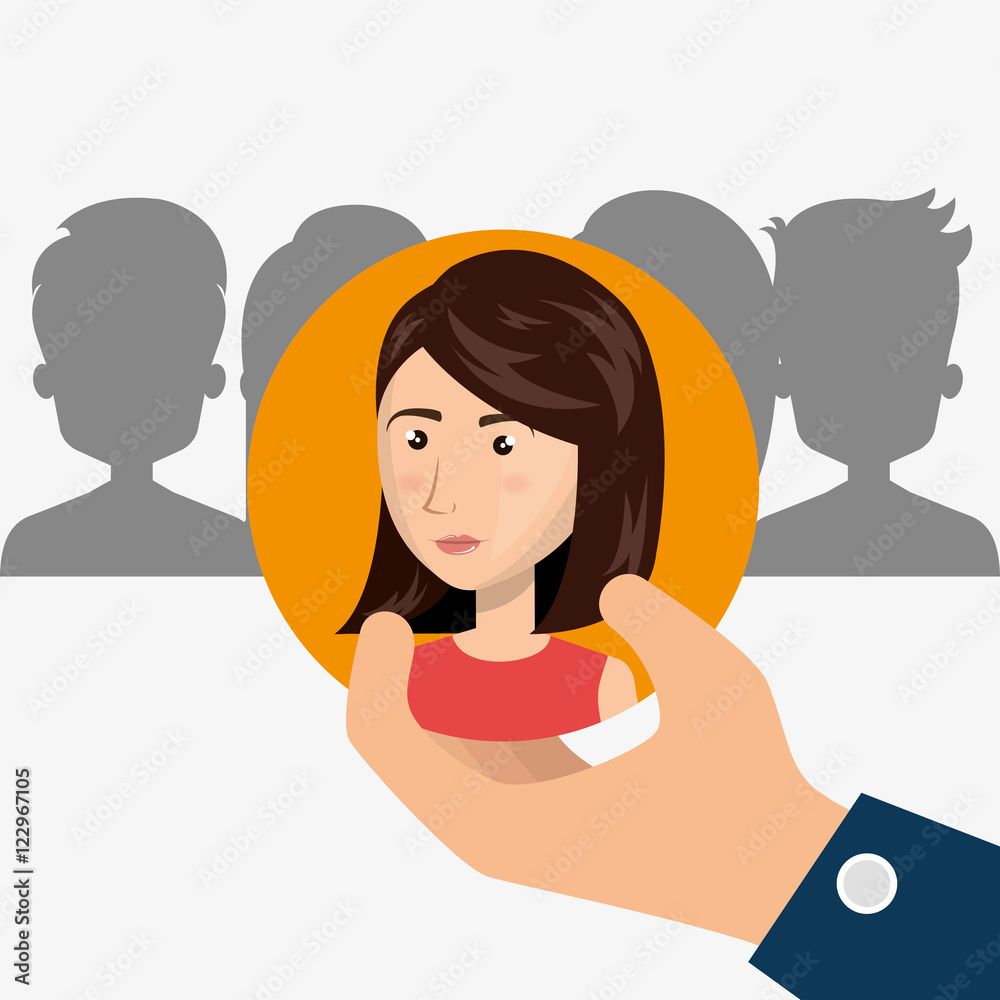 hand holding a avatar woman over orange circle. recruit human resource theme. colorful design. vector illustration hand holding a avatar woman over orange circle. recruit human resource theme. colorful design. vector illustration