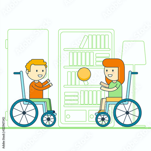 Cheerful wheelchair user boy and girl throwing ball. Happy smili