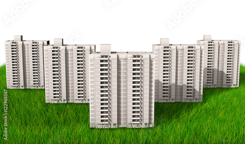 high-rise buildings of same design over green hills 3d render