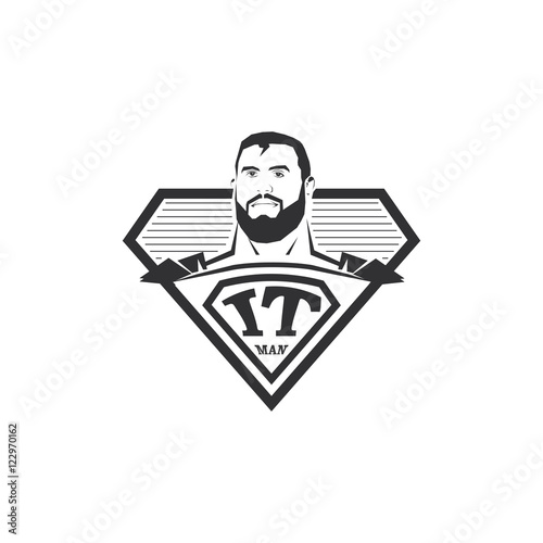 Isolated abstract black and white IT man logo. Super computer hero logotype. Comic icon. Professional programmer emblem. Vector IT illustration.