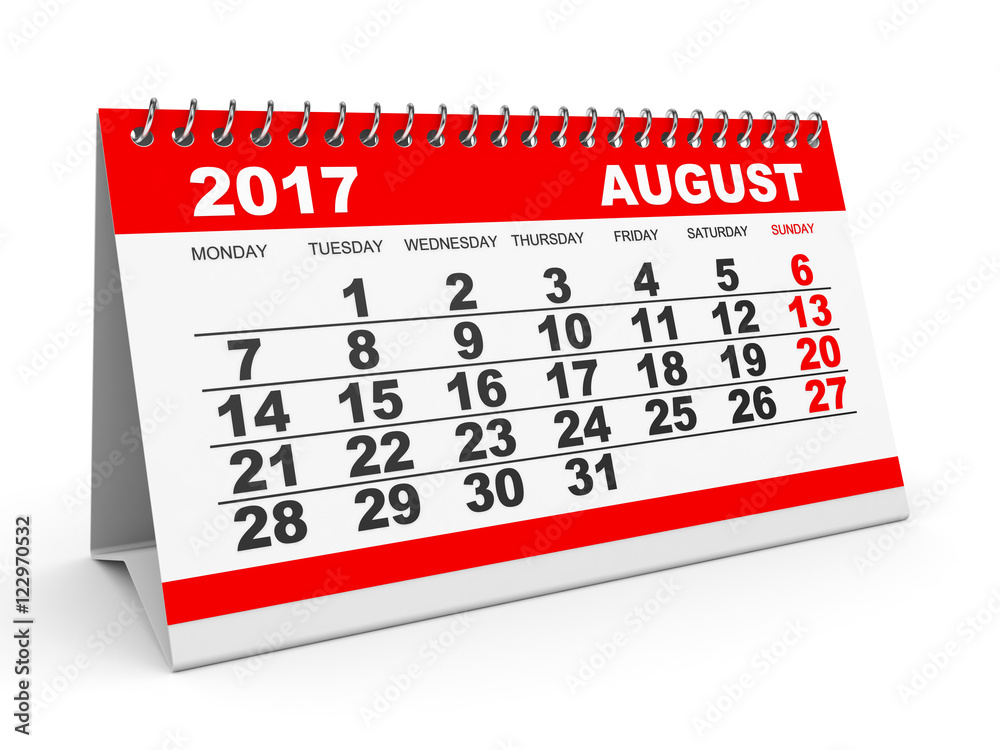 Calendar August 2017 on white background.