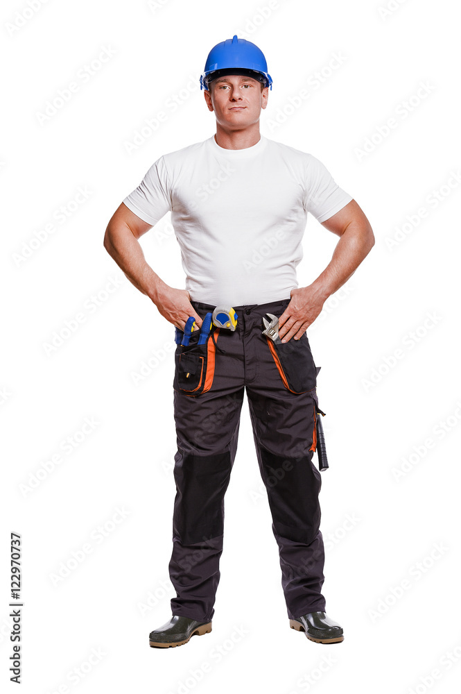 smiling handyman on white background fine portrait.
