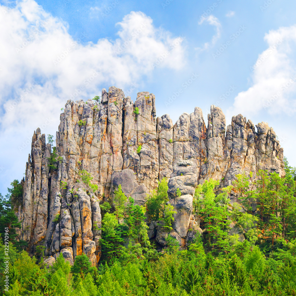 Amazing rock formation from sandstone towers in beautiful landscape. Sucha Skala, Cesky Raj, Czech Paradise in Czech Republic, Central Europe. Wonders in european nature. 
