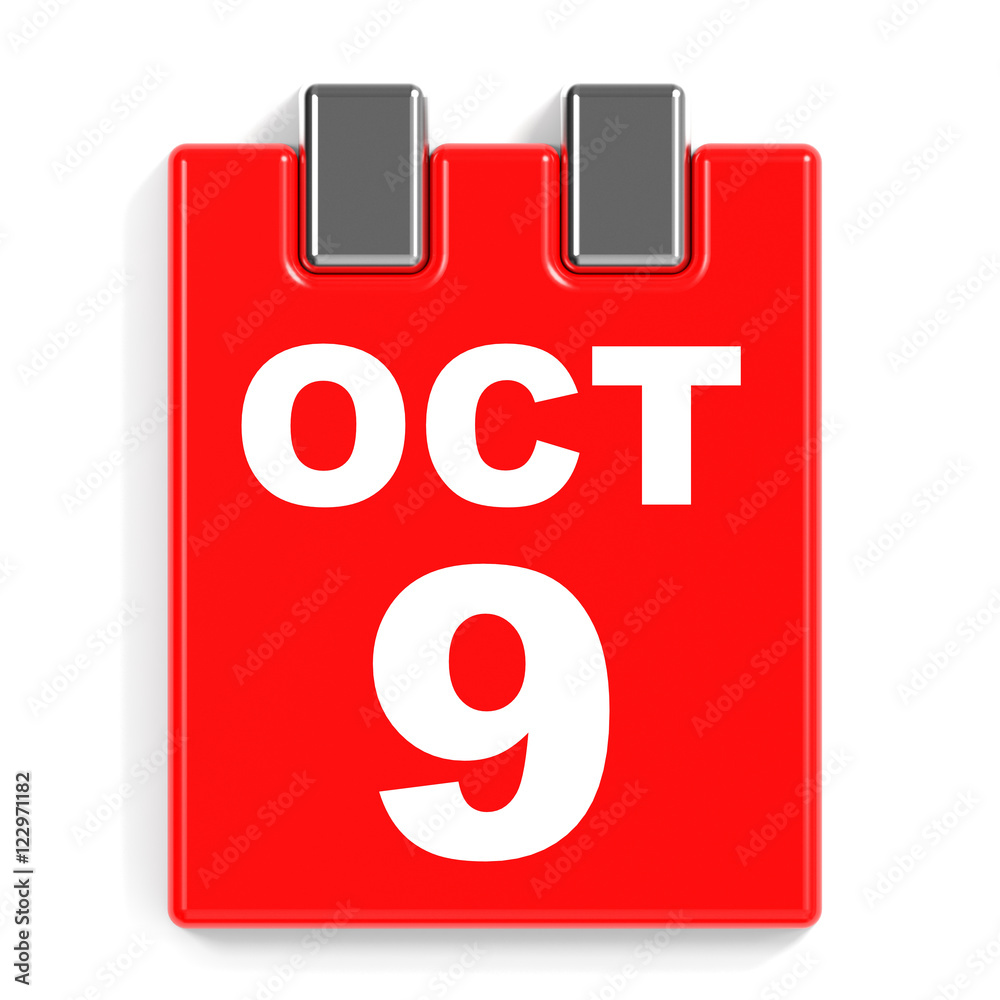October 9. Calendar on white background.