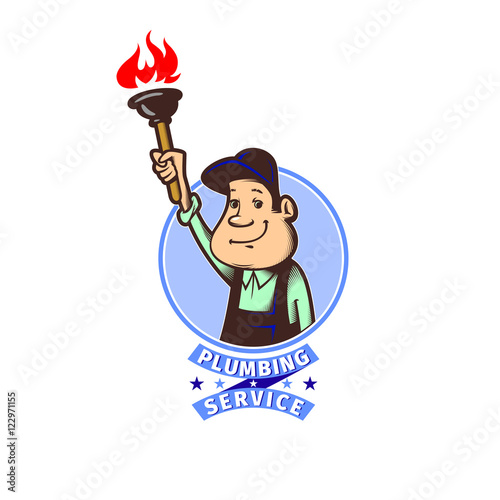 Vector image of a round frame with cartoon image of plumber with plunger in his hand