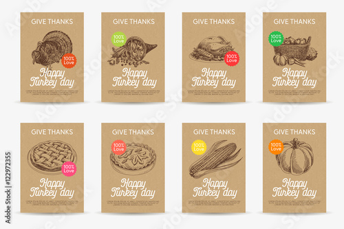 Vector hand drawn thanksgiving cards set. 