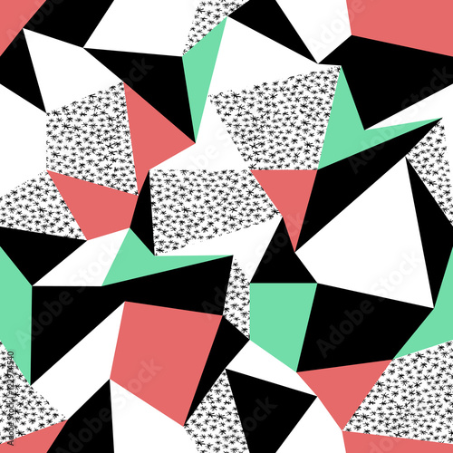 Pink and green triangles pattern design. Seamless print in retro