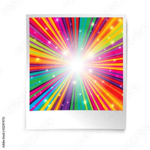 Instant blank photo template with rainbow psychedelic rays.  Ret