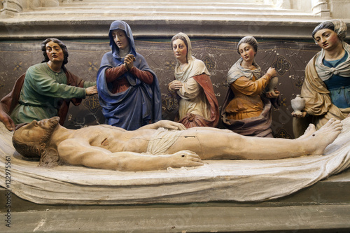 The burial of Jesus, 16th century sculpture by Froc-Robert, Cathedral of Quimper, departament of Finistere, region of Brittany, France photo