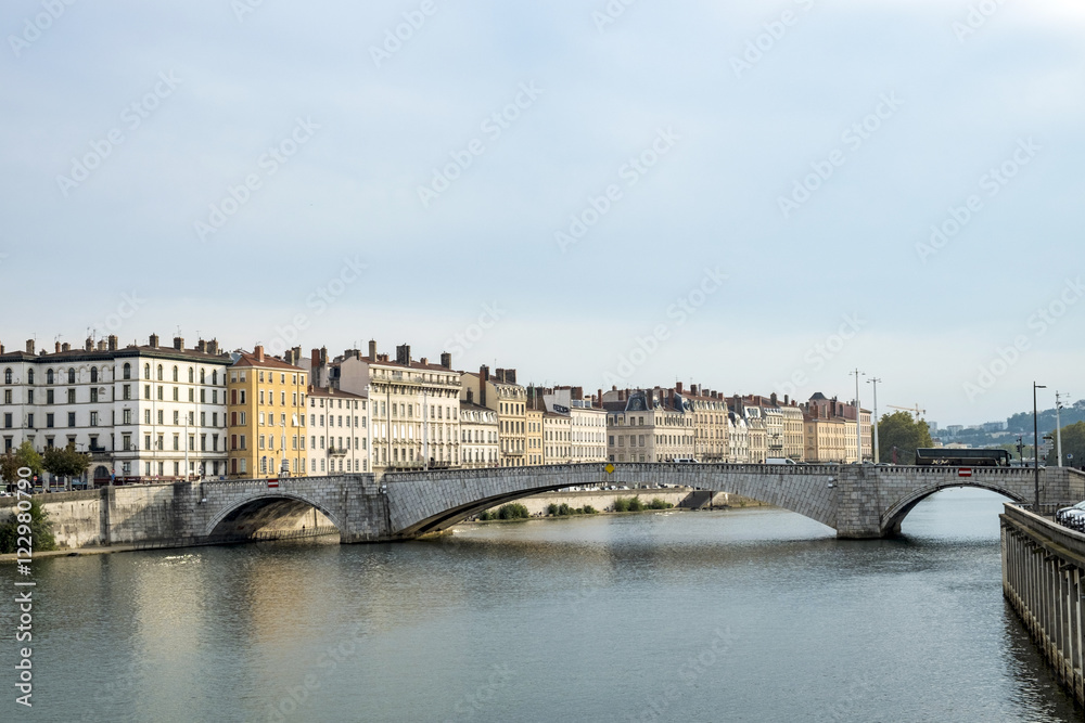 view to Rriver rhone and skyline of Lyon, France