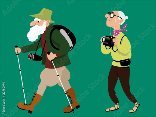 Senior couple hiking and taking pictures, EPS 8 vector illustration, no transparencies