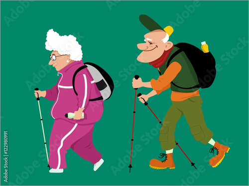 Cute cartoon senior couple hiking, EPS 8 vector illustration, no transparencies