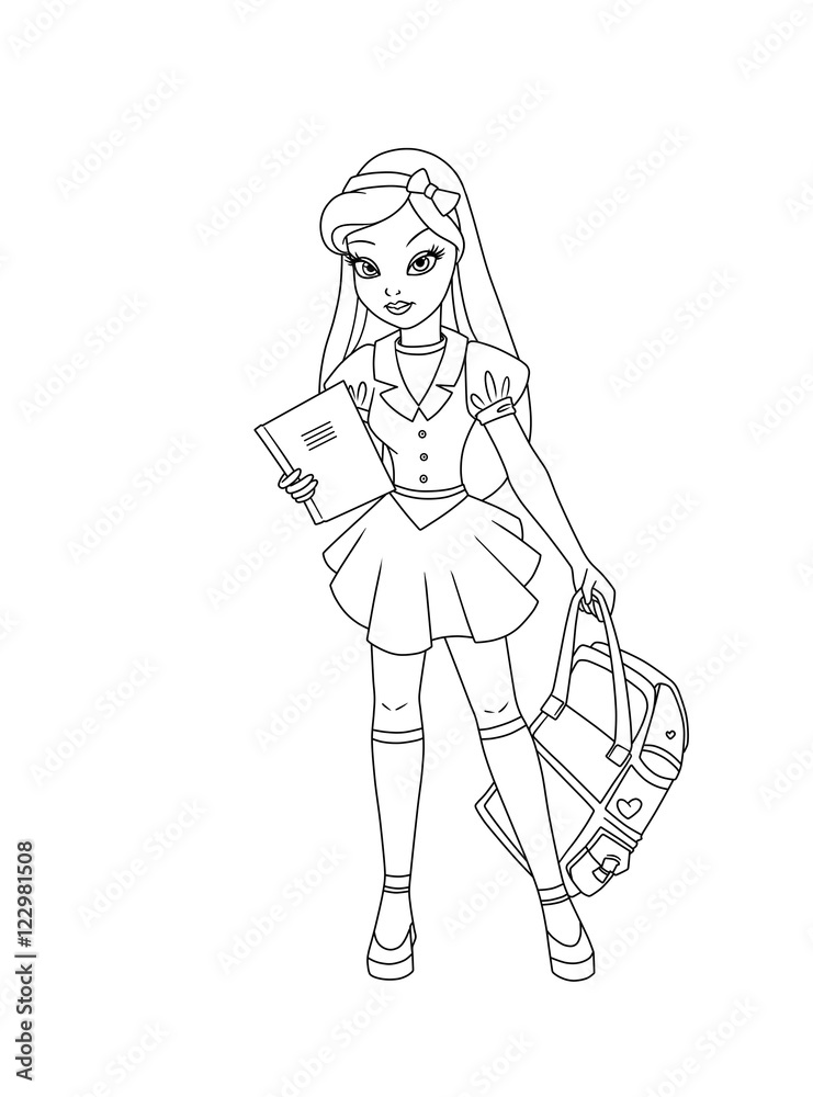 schoolgirl coloring pages cartoon illustration isolated image Stock  Illustration | Adobe Stock