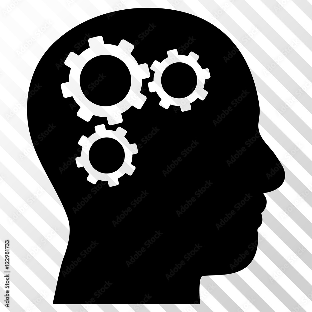 Brain Gears vector icon. Image style is a flat black icon symbol on a hatch diagonal transparent background. Brain Gears vector icon. Image style is a flat black icon symbol on a hatch diagonal transparent background.