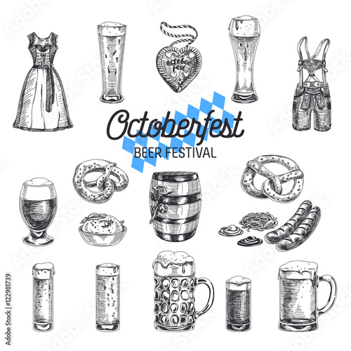 Octoberfest vector set. Beer products. Illustrations in sketch s photo