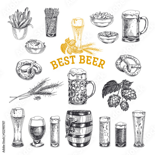 Octoberfest vector set. Beer products. Illustrations in sketch s