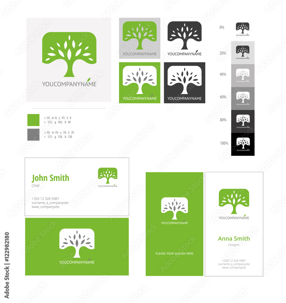 Eco concept logo tree template with color applications for logo and color variations. Vector logo tree corporate business card.