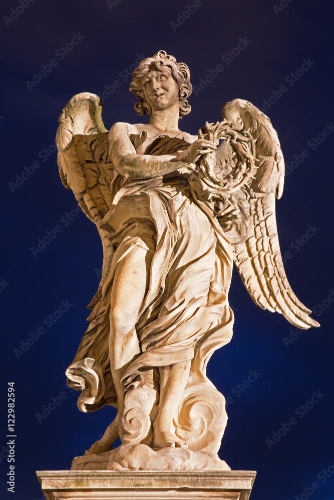 ROME, ITALY - MARCH 9, 2016:  Ponte Sant'Angelo - Angels bridge - Angel with the crown of thorns G. L. Bernini and son Paolo. (original at Sant'Andrea delle Fratte, copy by Paolo Naldini)