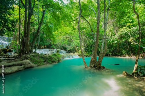 Beautiful and very nice green waterfall for relaxation, Erawan water fall, Located Kanchanaburi Province, Thailand