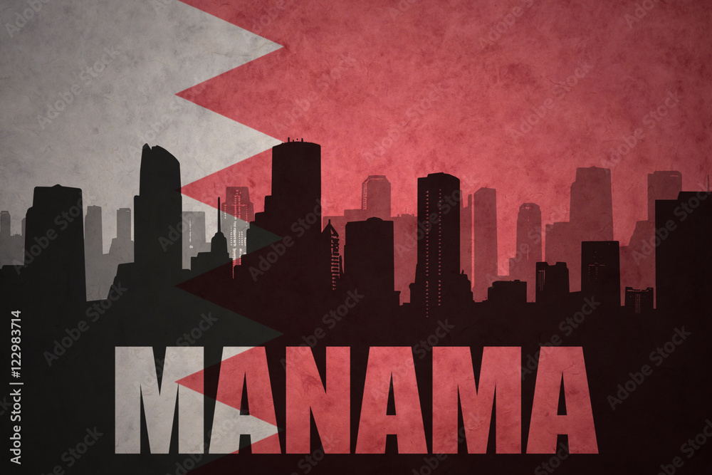 abstract silhouette of the city with text Manama at the vintage bahrain flag background