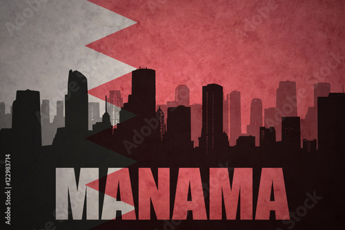 abstract silhouette of the city with text Manama at the vintage bahrain flag background