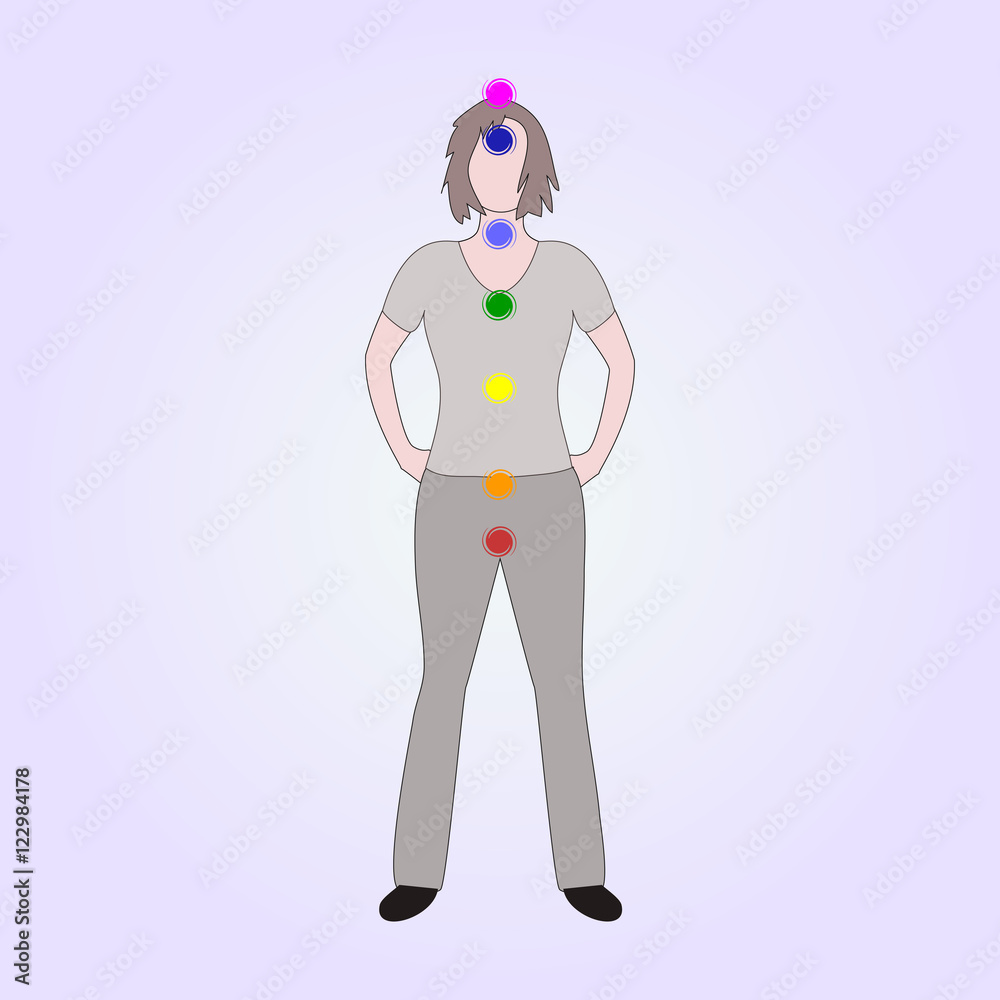 Location of the main seven yoga chakras on the human body.Female silhouette with all the basic energy centers.Color vector illustration.Alternative medicine.Oriental or complementary therapy.Wellness.