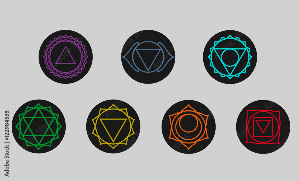 Set of  seven chakras icons. Symbols of energy centers. Yoga and