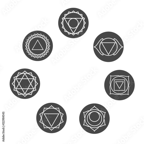 Set of  seven chakras icons. Symbols of energy centers. Yoga and