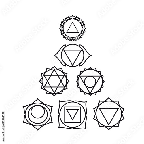  seven human chakras, vector illustration, icon set photo