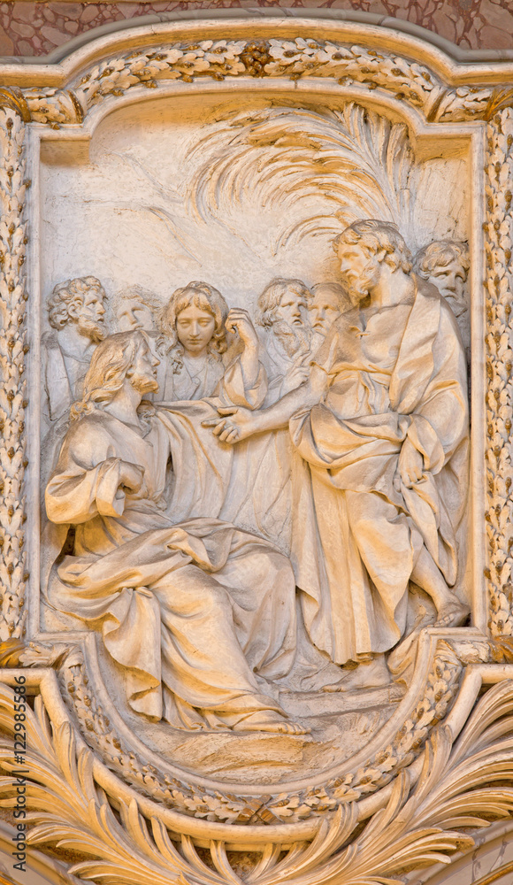 ROME, ITALY - MARCH 10, 2016: The relief of The Call of St Matthew in church Basilica di San Marco by Carlo Monaldi (1741).