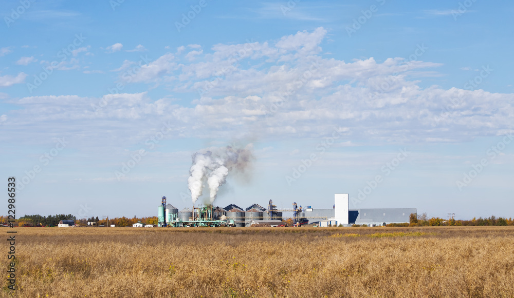 Smoke billowing out of smoke stacks at an industrial agriculture processing plant in autumn landscape Smoke billowing out of smoke stacks at an industrial agriculture processing plant in autumn landscape