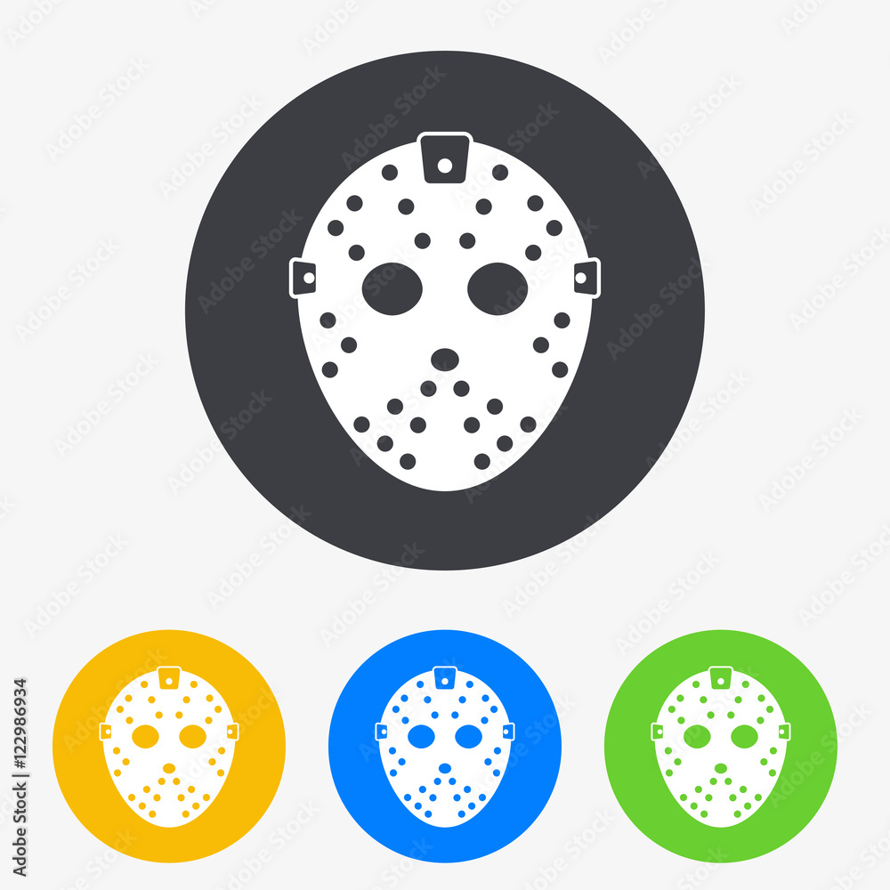 Icono plano mascara portero hockey en circulo varios colores Icono plano mascara portero hockey en circulo varios colores