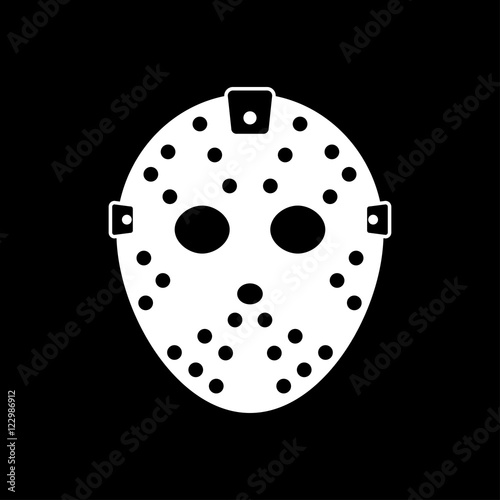 Icono plano mascara portero hockey de hielo sobre fondo negro