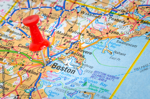 Boston Highlighted on a Map by a Red Pushpin