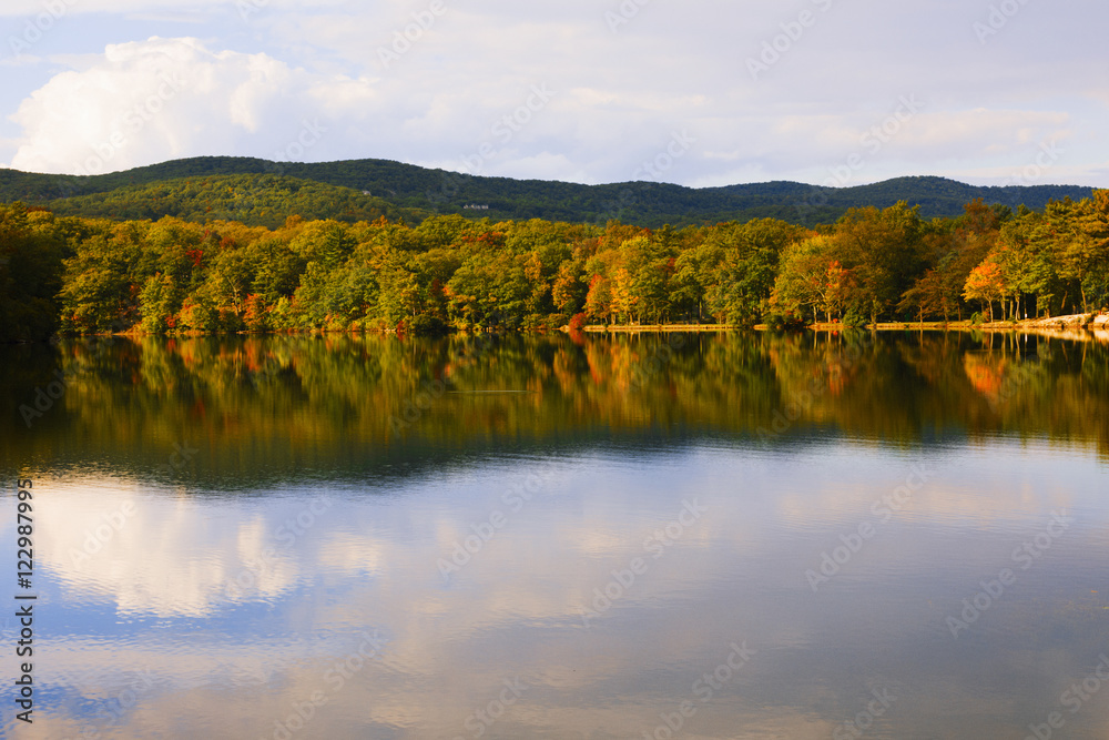 Fall landscape on the forest lake.