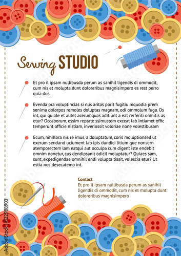 Sewing studio poster template with lot of buttons at background. Cartoon frame with sewing items and place for text. Size A4.