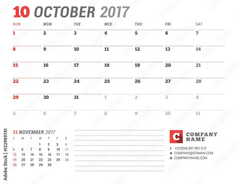 Calendar Template for 2017 Year. October. Business Planner 2017 Template. Stationery Design. Week starts Sunday. 2 Months on the Page. Vector Illustration Calendar Template for 2017 Year. October. Business Planner 2017 Template. Stationery Design. Week starts Sunday. 2 Months on the Page. Vector Illustration