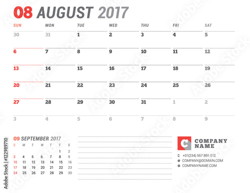 Calendar Template for 2017 Year. August. Business Planner 2017 Template. Stationery Design. Week starts Sunday. 2 Months on the Page. Vector Illustration