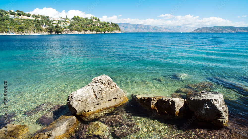 Panorama of rocky coastline. Corfu. Greece