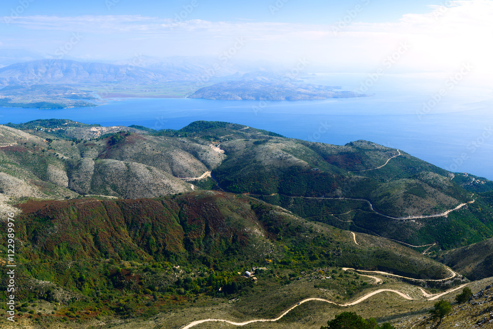 Obraz premium Panoramic view from the mountain Pantokrator on Albania. The north side of the island of Corfu. Greece