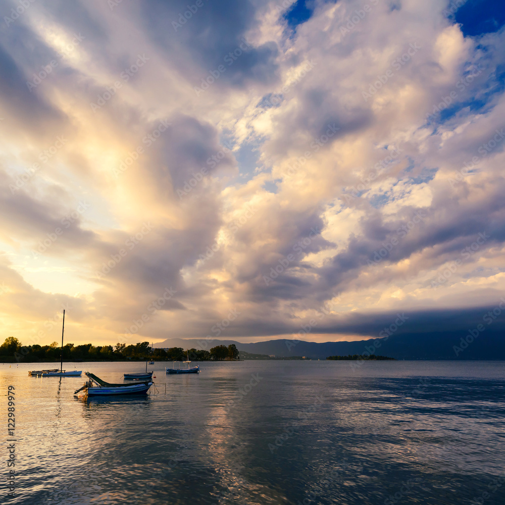 Sunset with fishing boats. Corfu. Greece