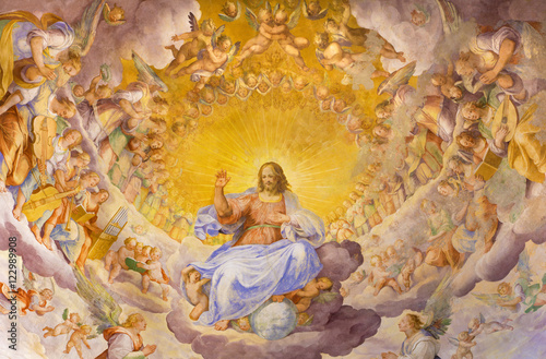 Fotografie ROME, ITALY - MARCH 11, 2016: The fresco of Christ the Redeemer in Glory with the Heavenly Host by Niccolo Circignani Il Pomarancio (1588) in main apse of church Basilica di Santi Giovanni e Paolo