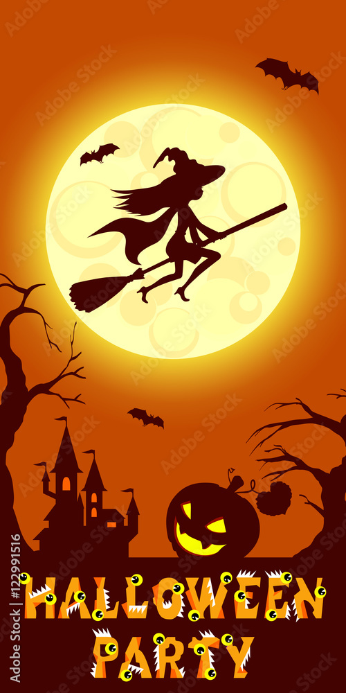 Halloween illustration of mysterious night landscape with witch fly on broom castle and moon. Template for your design. Vector drawing.