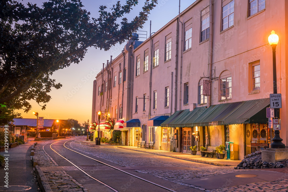 Shops and restaurants at River Street in downtown Savannah in Ge