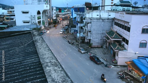 small town with travel people from roof top view in thailand
