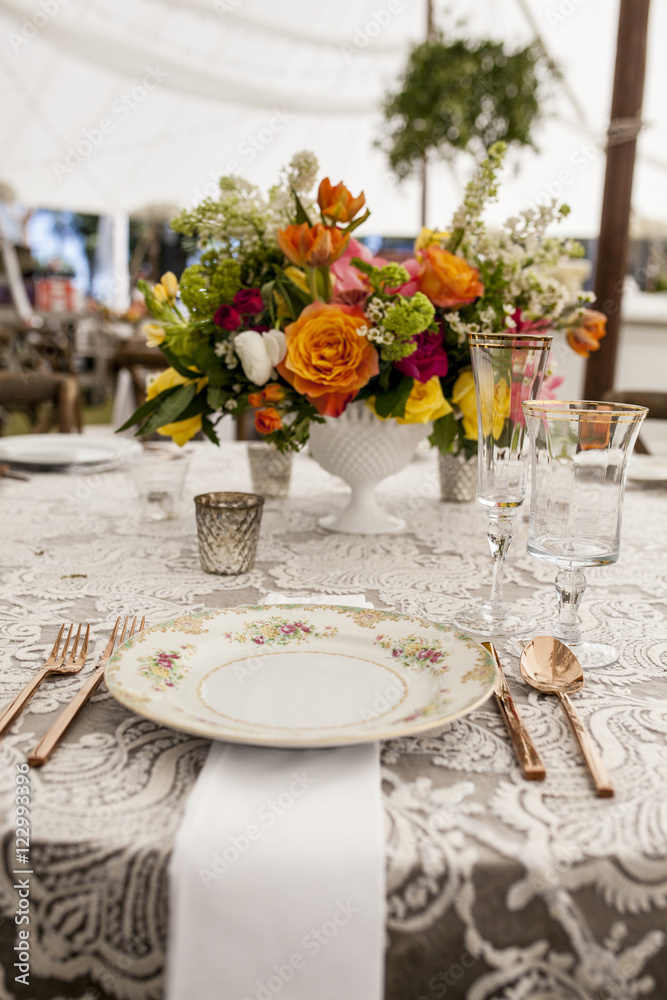 wedding reception setup with antique plates