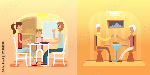 Vector illustration of a family eating. Family dinner and supper vector set
