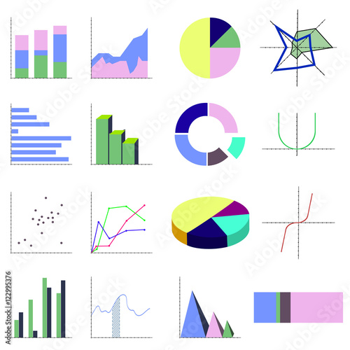 set business diagram (histogram, pie chart, graph of a function, scatter plot and block diagrams, radar chart) 