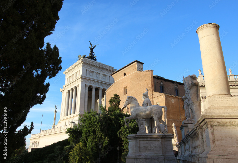 Panoramic view of Rome from Capitoline Hill with Altar of the Fatherland (Altare della Patria), Basilica of Santa Maria in Ara Coeli, tree and columns 